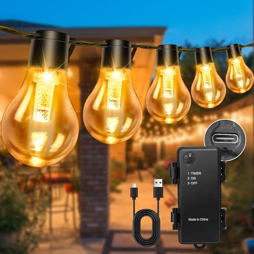 aurogeek Outdoor String Lights Battery Operated Rechargeable 5000mAh: 9m/30ft LED with 12 A60 Plastic Bulb Hanging Festoon Light Remote Waterproof USB for Garden Decorative Cafe Patio Pergola Indoor