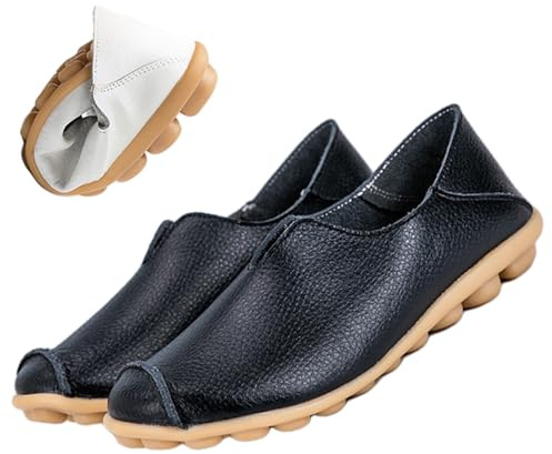 jyyyou Chaussons en Cuir Ultra Confortables, Mocassins Orthopédiques à Enfiler pour Femmes, Mocassins Confortables en Cuir pour Fasciite Plantaire avec Soutien De La Voûte Plantaire (Noir,42)