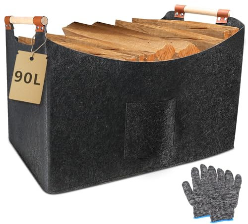 WPPQWP Holzkorb für Kaminholz Groß, Kaminholzkorb Filz XXL(96L, 60x40x40cm), Faltbarer Brennholzkorb, Extra Dicker Filz Mit Holzgriff & Handschuhen, für Einkäufe und Brennholz, Dunkelgrau (96L)