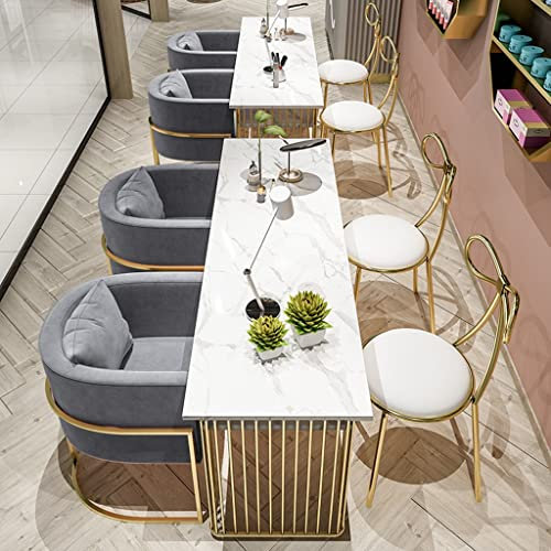 Doppelschichtiger einzelner Nagelkunsttisch, weißer Marmordruck, Maniküretisch mit goldfarbenen Metallbeinen, Werkbank für Nageltechniker (Farbe: Weiß, Größe: 100 x 40 x 75)