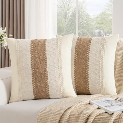 DakTou Housse Coussin 40x40 Bohème Marron Texturée à Rayures Tissées Decoratif Taie d'oreiller Ferme Moderne Housse de Coussin Canapé pour Maison Salon Chambre Décoration Lot de 2