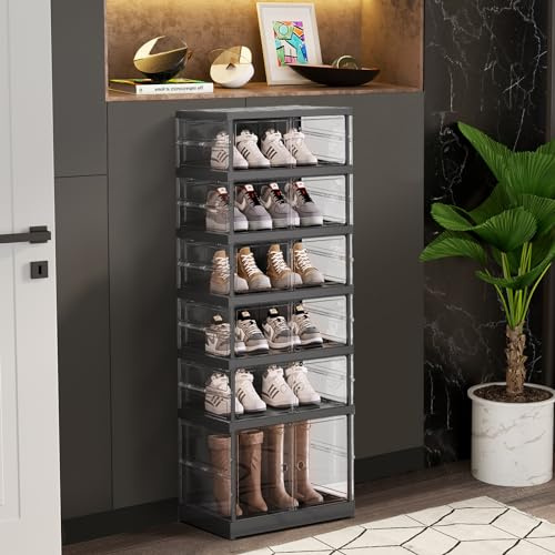 zapatero plegable con puertas 6Tier 12 pares de alto organizadores de zapatos de plástico para el armario, caja de almacenamiento de zapatos transparente, gran zapato estante con puerta magnética