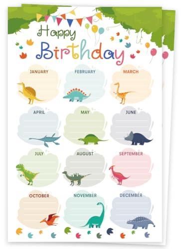 GOMAKERER 2 Blatt Happy Birthday Tabelle Für Den Unterricht Buntes Geburtstagsposter Bunte Dinosauriermuster Geburtstagskalender Poster Für Pinnwanddekoration In Der Schule Und Klassenzimmer 43x28cm