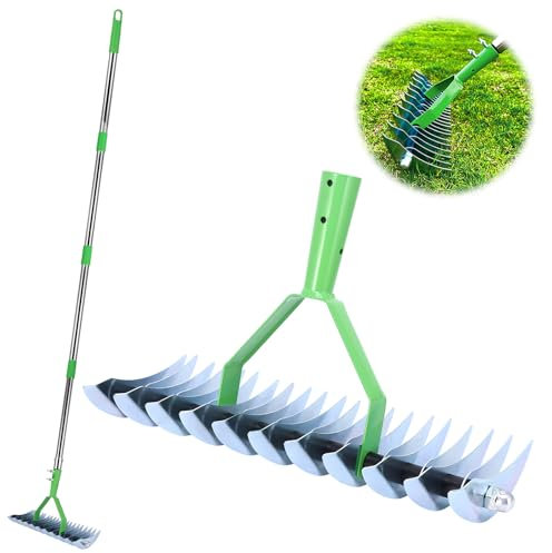 Viitech Thatch Rake, 67-Inch(Max) Lawn Thatching Rake with Adjustable Length Handle, Alloy Dethatcher Rake for Cleaning Dead Grass Yard Garden Durable Soil Rake