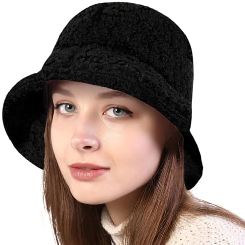 Damen Fischerhut, Bucket Hat Teddy, Fischerhüte, Wintermütze Flauschige Bucket Hat, Outdoor Wintermütze Lämmer Freizeithut Fluffy Eimer Hut, Warme Anglerhut Winter Fischerhut Kunstpelz Bucket Cap