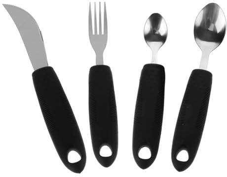 ROMISBABA 4stücke Teiliges Adaptives Besteckset Aus Edelstahl Mit Rutschfestem Gummigriff Ergonomisch Gebogen Für Senioren Patienten Und Menschen Mit Handzittern Stabiles Tragbares Tableware