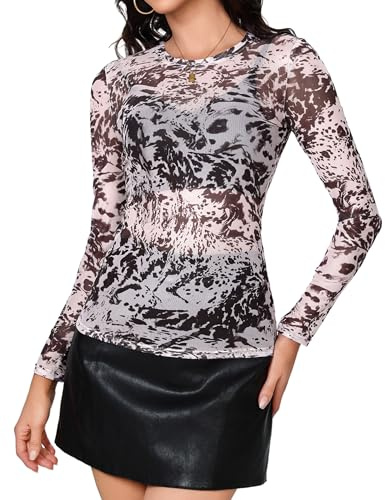 Aottori nättopp damer sexig mesh sheer topp långärmad nät topp transparent nätskjorta rund hals casual långärmad tröja tyll stretch blus tunika klubbkläder fest, djurmönster, M