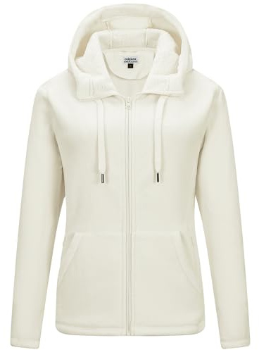 Outdoor Ventures Womens Fleece Jackets with Hood Ladies Warm Full Zip Coat With 6 Large Pockets Long Sleeve Casual Sweater Soft Outerwear Jacket for Hiking Walking Travelling Sport Moon White L
