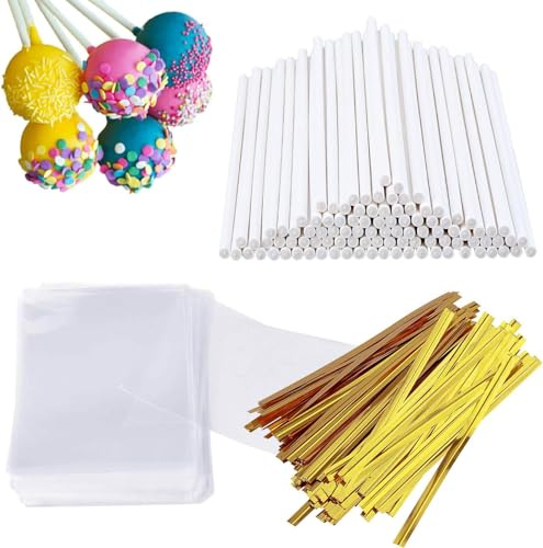 Aetubree 300 Cake Pop Stiele und Wrappers Kit, einschließlich 100 Stück 15 cm CakePop Stiele Papier, 100 Stück klare Candy Tüten, 100 Stück Gold Twist Bänder für Cakepops, Lollipop Stiele