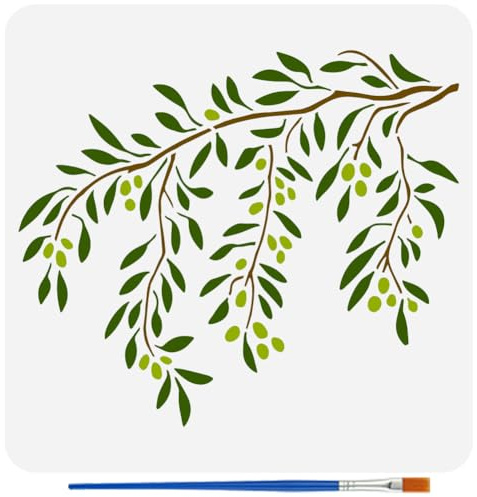 FINGERINSPIRE Stencil per pittura a forma di ramo di ulivo con 1 pennello in plastica, 30 x 30 cm, riutilizzabile, motivo foglie, rami, stencil per pittura su legno, tessuto, pareti, mobili