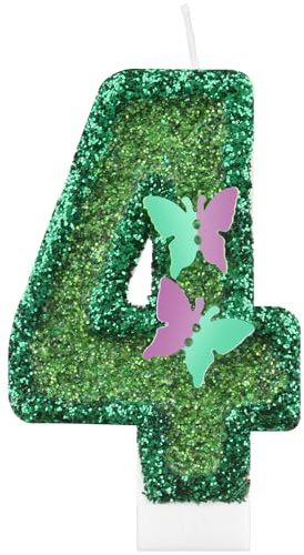 iNINGER Green Candle,Butterfly 4th Birthday Party Decorations for Women/Girl,Birthday Number 4 Candle,2.75 Large Glitter Birthday Candles Wedding Cake Topper Anniversary Party Decor