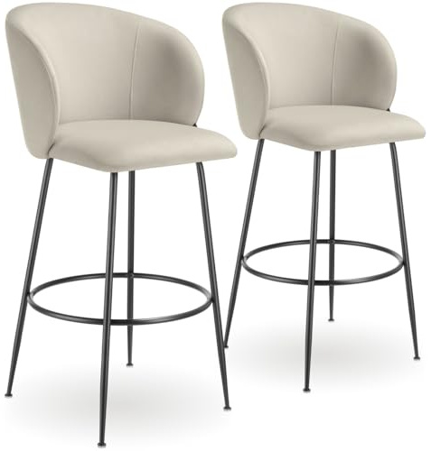 tectake® Taburete Alto con Respaldo Acolchado, Silla Alta de Cocina con Reposapiés, Banqueta con Patas de Acero y Topes Antideslizantes, Silla de Bar, Taburete de Cocina - 2 sillas Crema/Negro