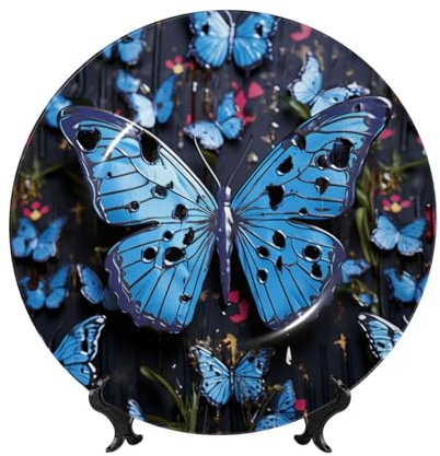 HJTRW Assiette décorative en porcelaine anglaise avec support de présentation - Papillon bleu - Assiettes rondes à suspendre au mur - 15,2 cm