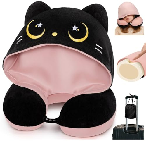 Mewaii Oreiller de Voyage avec Capuche, Oreiller de Cou en Forme de Chat Mignon pour Adolescents et Adultes, Coussin de Nuque en Mousse à mémoire de Forme pour Appui-tête de vol - Rose