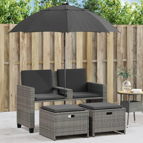 QJBSAVVA Canapé de jardin 2 places avec parasol et tabourets, gris, en polyrotin, 120 x 61 x 80 cm, cadre en acier, parasol basculant, design moderne, pour balcon, terrasse et petits coins extérieurs