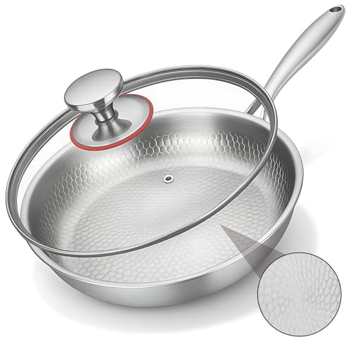 VeftBltrem Sartén de titanio con tapa, sartenes de titanio con patrón martillado para cocinar, resistente a los arañazos, antiadherente, sartén de titanio Pro Inducción, para cocina y camping (28cm)