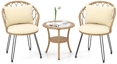 COSTWAY Salon de Jardin 3 PCS en Résine Tressée PE, Ensemble de Meuble Bistro avec Table Basse à 2 Niveaux en Verre Trempé et Fauteuils avec Coussins, pour Véranda Balcon Terrasse Jardin