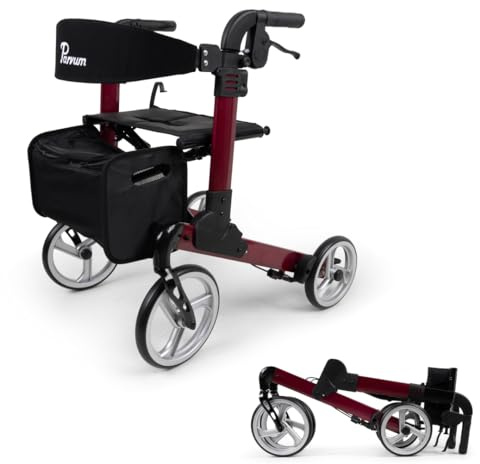 Déambulateur Parvum Luxo - Léger et pliable - système de freinage intégré, assise et dossier rembourrés, sac, porte-canne - 6,8 kg - Support de marche aux seniors de 148-165 cm - Rouge Rubis, Small