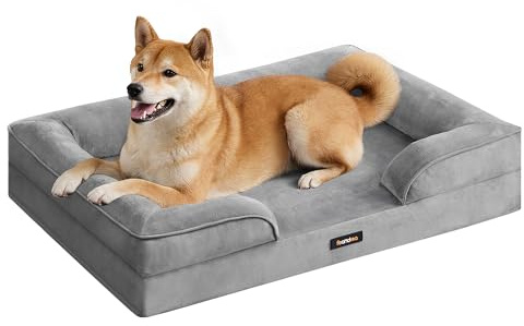 Feandrea Orthopädisches Hundebett, Hundekissen, 89 x 63 x 16 cm | erhöhter Rand, Schwamm, Bezug abnehmbar, waschbar, rutschfest, Taubengrau, BLOMFY Kollektion PGW322GD01