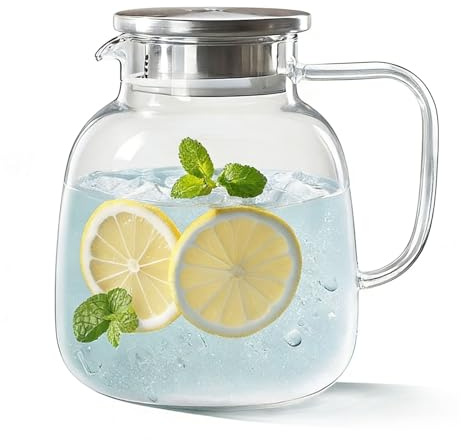 MRDLKNX Jarra de agua de vidrio de gran capacidad de 1850 ml con tapa de acero inoxidable, jarra de vidrio de borosilicato resistente al calor para agua caliente/fría, té helado y jugo, perfecta para