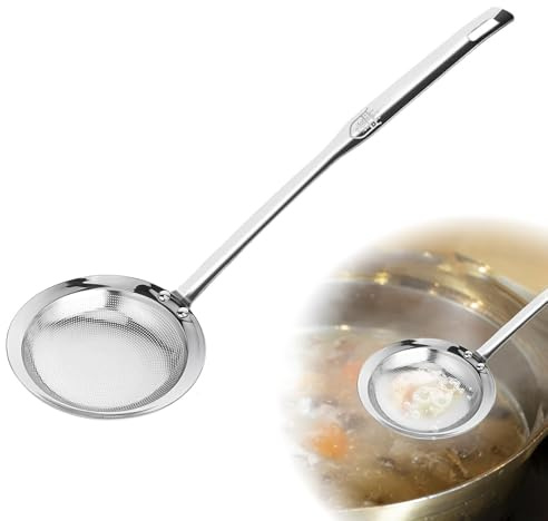 Espumadera de acero inoxidable 304, colador de malla fina, paleta de espuma para grasa y espuma, pequeña con asa, cuchara para escurrir, acero inoxidable, para caldo, sopa, guiso, fondue, olla
