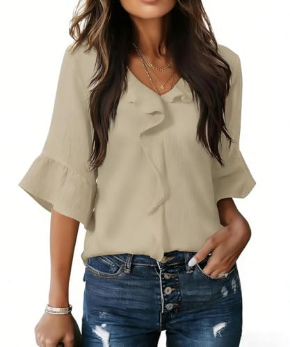 GRMLRP Camicetta Donna Elegante con Volant Blusa Scollo a V Maniche 3/4 Ampie Top Leggero e Traspirante Stile Casual Chic per Estate e Primavera(S,Beige)