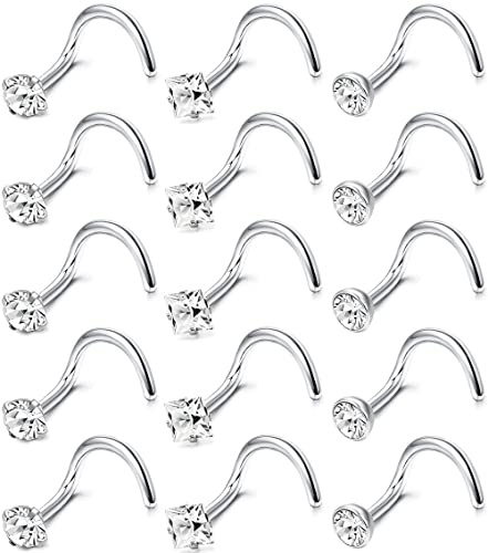 Roheafer 15Pcs Silver Nose Studs for Women Men Hypoallergenic 18G 20G | Stainless Steel Nose Ring Stud L Shape/Corkscrew/Straight Studs Cubic Zirconia Labret Lip Nose Nostril Piercing Jewellery