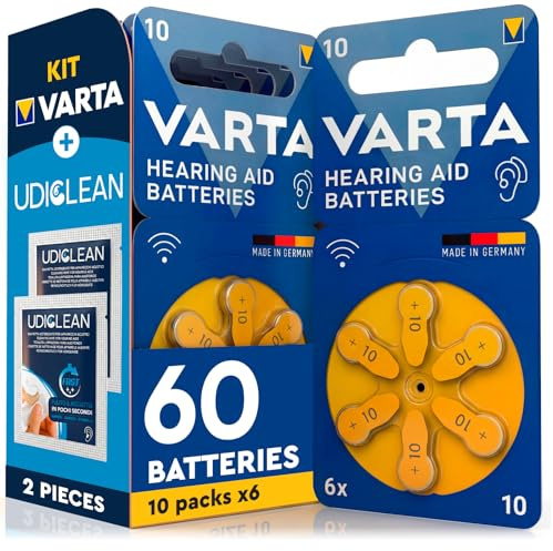 60 Batterie per Apparecchi Acustici Misura 10 (Gialle) e 2 Salviette Udiclean - Pile PR70 Varta Zinco Aria Tensione Stabile Lunga Durata a Prova di Perdite Made in Germany - 10 Blister da 6 Pile