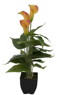 artplants.de Künstliche Calla Jamila im Topf, 3 Blüten, gelb - orange, 40cm - Kunstblume getopft