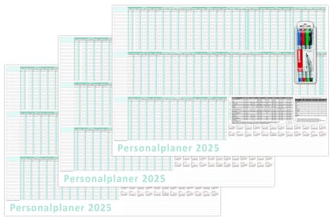 3 Stück Urlaubsplaner/Personalplaner 2025 nass abwischbar mit Folienkaschierung inkl. Stifteset - DIN B1 Format (1000 x 700 mm) 22 Mitarbeiter Januar 2025 bis März 2026 mit Schulferien (gerollt!)