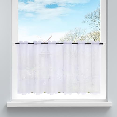 HongYa Voile Scheibengardine Transparenter Cafe Vorhang Kurzstore mit Blüten-Stickerei H/B 30/120 cm Weiß