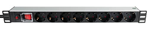 Kabelmeister 19 Zoll Steckdosenleiste (1HE) Schutzkontakt-Stecker an 8X Schutzkontakt-Buchse Schalter mit Schalterschutz, ÜSS, Kinderschutz Aluminium-Profil Silber