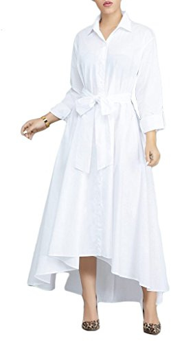 VERWIN Women Long Sleeve Loose Elegant Maxi Dress Button Down Up Shirt Long Dress with Pockets and Belts