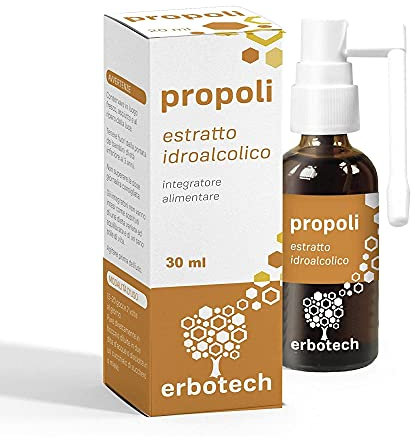 ERBOTECH Propoli Spray 30 ml, Tintura Madre, estratto puro al 100%, rimedio naturale per mal di gola e tosse, contribuisce al benessere delle prime vie respiratorie, Vegan