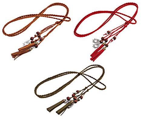 WSLCN Damen Gürtel Dekorative Schmal Boho Flechtgürtel Waist Belt mit Troddel Rot+Leicht tan+Armee Grün 170 * 0.6cm (L*B)