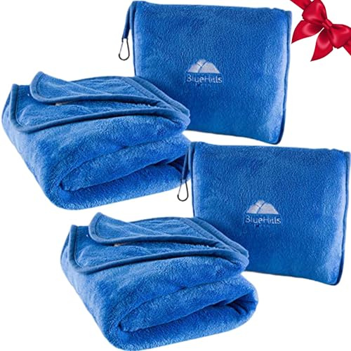 BlueHills 2er-Pack Premium weiche Reisedecke Kissen Flugzeugdecke in weicher Tasche Kissenbezug mit Handgepäckgürtel und Rucksackclip, kompakte Packung, große Decke für Jede Reise, Königsblau T015