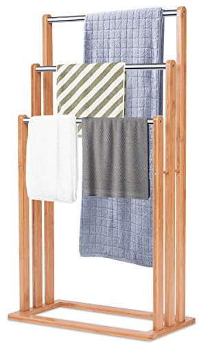 DREAMADE Porte-Serviettes/Echelle avec 3 Niveaux, Bambou et INOX Solide et Etanche, Ranger et Sécher Les Serviettes Vêtements Torchons Cravates, Salle de Bain Balcon Jardin, Naturel