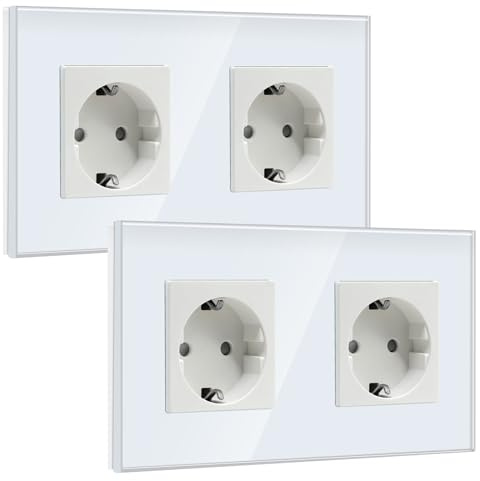 BSEED Schuko Steckdose, Kristall Glas Platte Steckdose Glas,16Amp Verlängerungssteckdosen Wandsteckdose 2 Fach Weiß (2 Pack)
