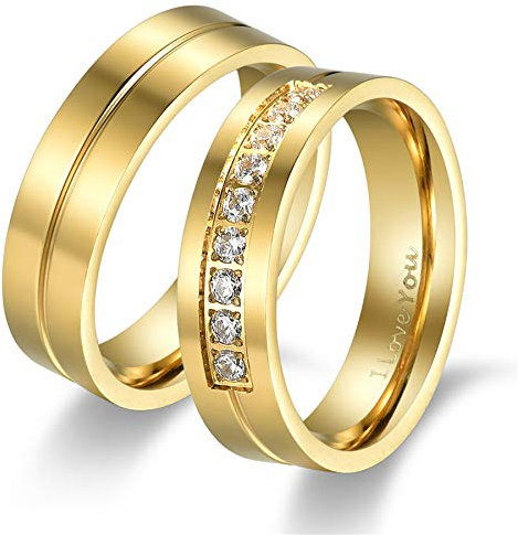 JewelryWe Schmuck Paar Ringe mit Zirkonia & Gravur 'I Love You' Edelstahl Eheringe Band Valentinstag Pärchen Geschenk Gold