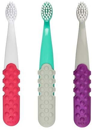 RADIUS Children's Toothbrush, Totz Plus Brush, Extra Soft Bristles, White & Coral/Mint & Grey/Grey & Purple, BPA Free ADA Accepted, for Delicate Teeth & Gums for Children 3 Years & Up, Pack of 3
