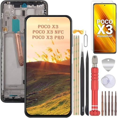 YHX-OU Para Xiaomi Poco X3 Poco X3 NFC Poco X3 Pro Pantalla Reemplazo Pantalla Táctil LCD Digitalizador de Repuesto Asamblea con Herramientas de Reparación + Película Templada (Negro con Marco)