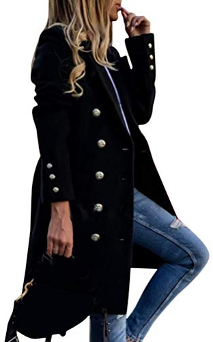 Tomwell Femme Manteau Jacket Trench Coat Gilet Blazer Manteau Hiver Femme Bouton de Mode Long Veste OL Vintage Chaud Manches Longues en Laine (L, A Noir)