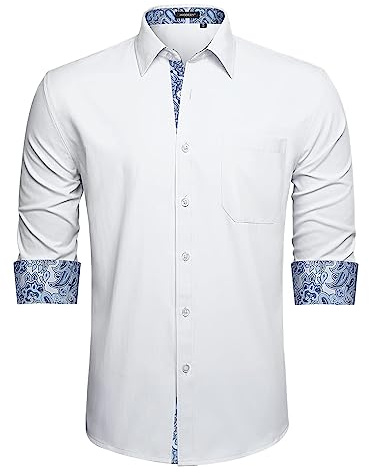 HISDERN Herrskjortor långärmad formell vardaglig affärsskjorta för män normal passform button down bröllopsfest arbete med fickor, Vitt, S
