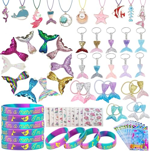 XINNIAN 70 Stück Meerjungfrauen Party Mitgebsel Kindergeburtstag Mädchen,Meerjungfrau Haarschmuck Armband Schlüsselanhänger Haarspange Halskette Tattoo für Kinder Mädchen Meerjungfrau Party Mitgebsel