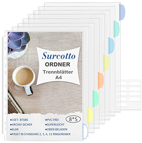 Surcotto - Hojas separadoras A4, pestañas, 40 hojas transparentes con pestañas grabables, fundas transparentes para folletos, 11 posiciones