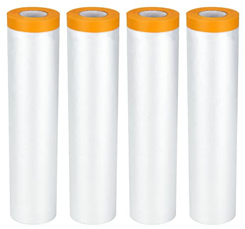 YOUNTHYE 4Roll Self Adhesive Dust Sheet Roll, 2.4x20M, Drop Film Masking Tape with Plastic Sheet, Plastic Decorating Sheets for Painting, Furniture Covering