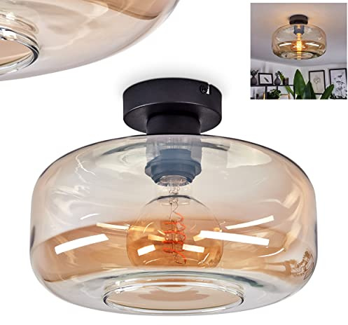 HOFSTEIN Deckenleuchte Pedreles, 1-flammige Deckenlampe aus Metall/Glas in Schwarz/Bernsteinfarben, moderne Leuchte im Retro/Vintage-Design, Ø 27,5 cm, E27, Esszimmer, Schlafzimmer, Wohnzimmer, Küche
