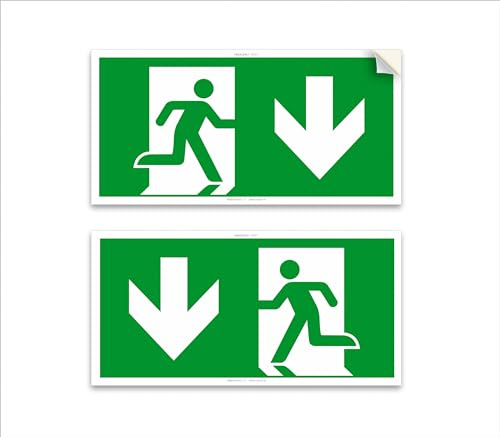 2 panneaux adhésifs de sortie d'urgence, mesure 30 x 15 cm, avec flèche orientée vers le bas, indication Sortie de sécurité, en PVC souple, pictogramme signalisation de sécurité iso 7010