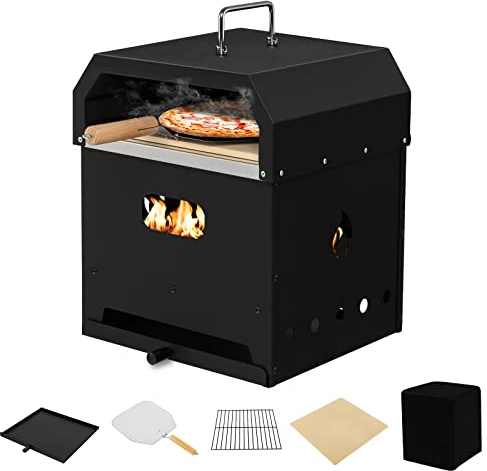 ORALNER Pizzaofen für den Außenbereich, 4-in-1 Holzofen und Grill-Kombination mit 30,5 cm Pizzastein, Pizzaschieber, wasserdichte Abdeckung und Grillrost, tragbare Feuerstelle, Hinterhof-Pizza-Maker