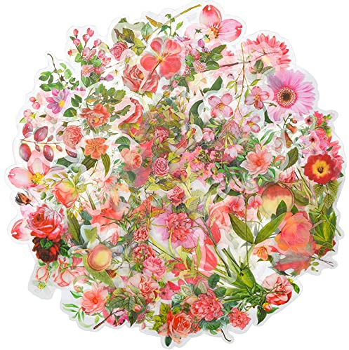 ExceLife 100 Pcs Natural Flower Stickers for Scrapbooking, PET Transparent Retro Floral Plants Vintage Stickers for Scrapbook Laptop Skins Album DIY Craft Daily Planner,Pink